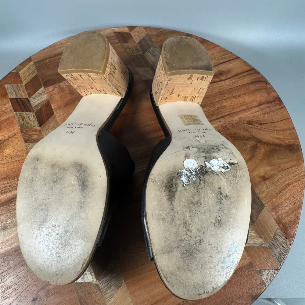 Kate Spade New York Black Leather Scalloped Slide Mules Cork Block Heel Size 6M
